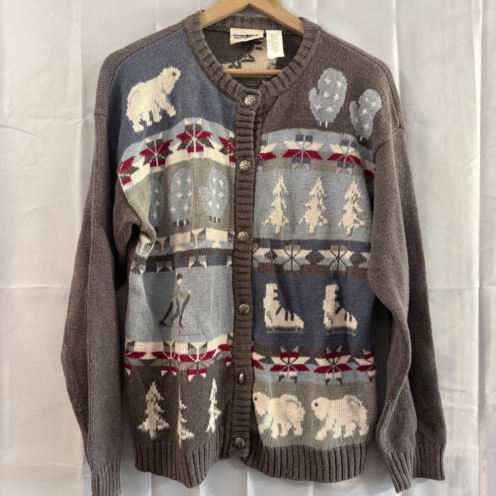 Vtg Northern Reflections Winter Polar Bear Ice Skate Cardigan Sweater Grey L